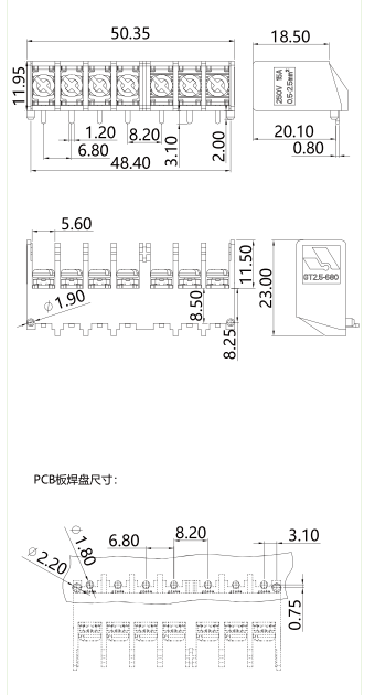 柵板式端子臺(tái)GT2.5-680-07P圖紙