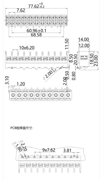 柵板式端子臺(tái)GT2.5-762-10P圖紙