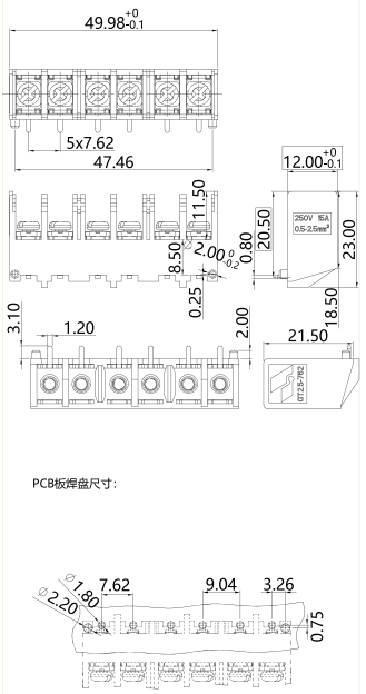 柵板式端子臺GT2.5-762-06P圖紙