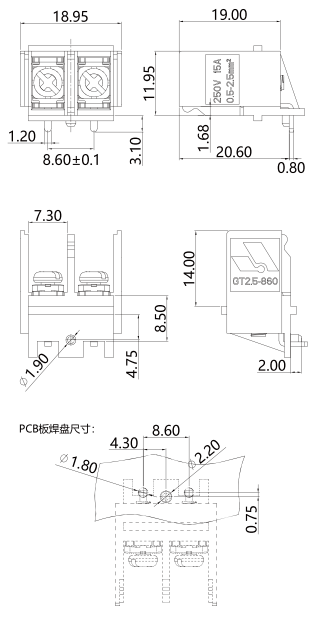柵板式端子臺(tái)GT2.5-860-02P圖紙